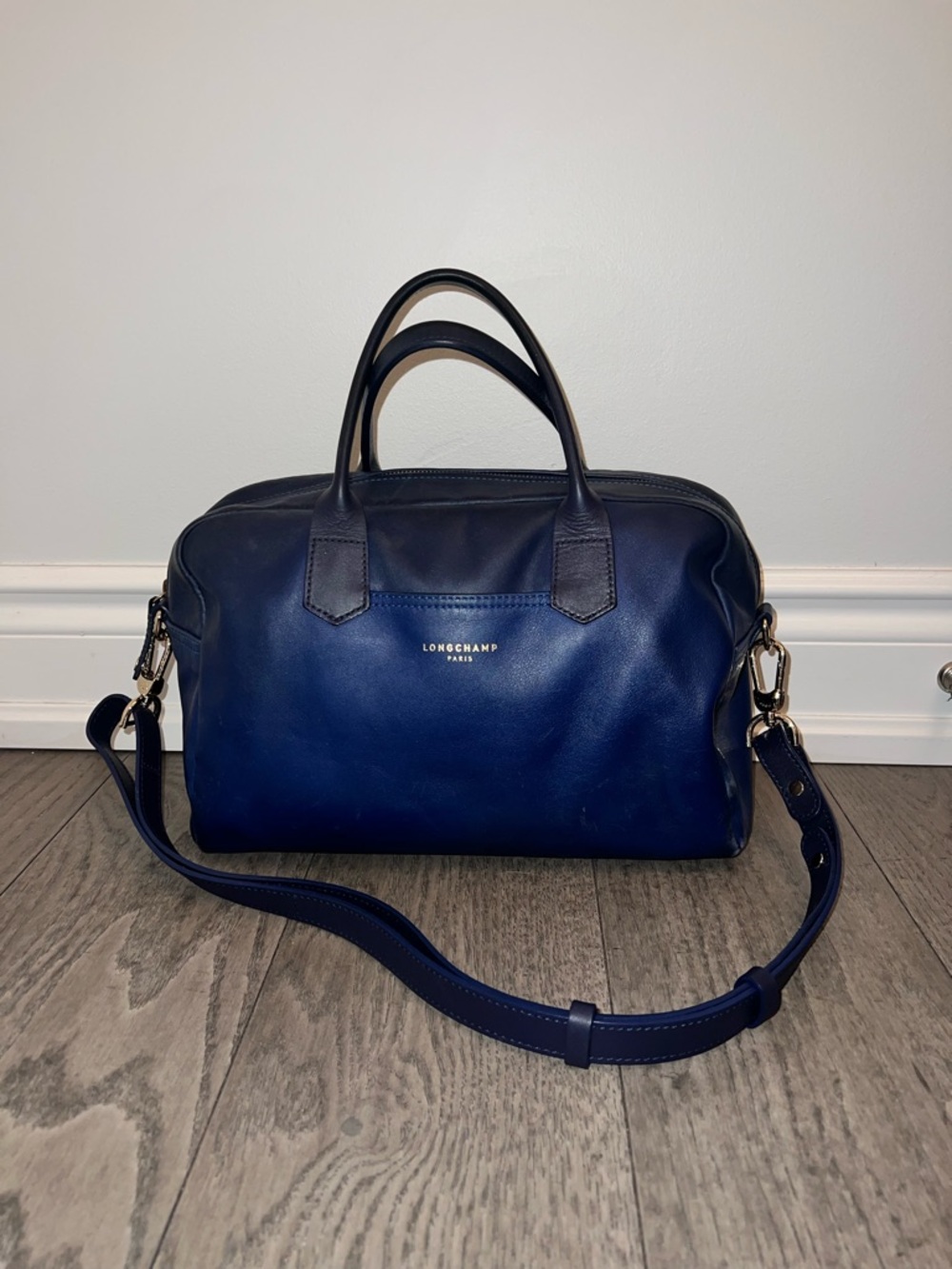 Longchamp Navy Blue Leather Carryall with Removable Strap